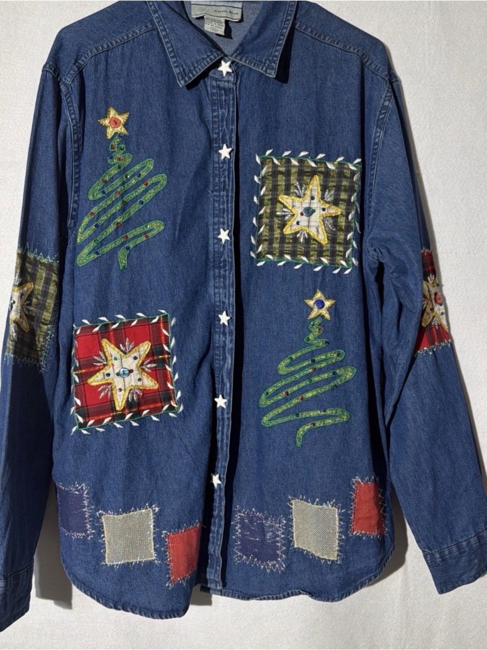 Vintage 80’s Christmas Patchwork Denim Button Down art deco festive